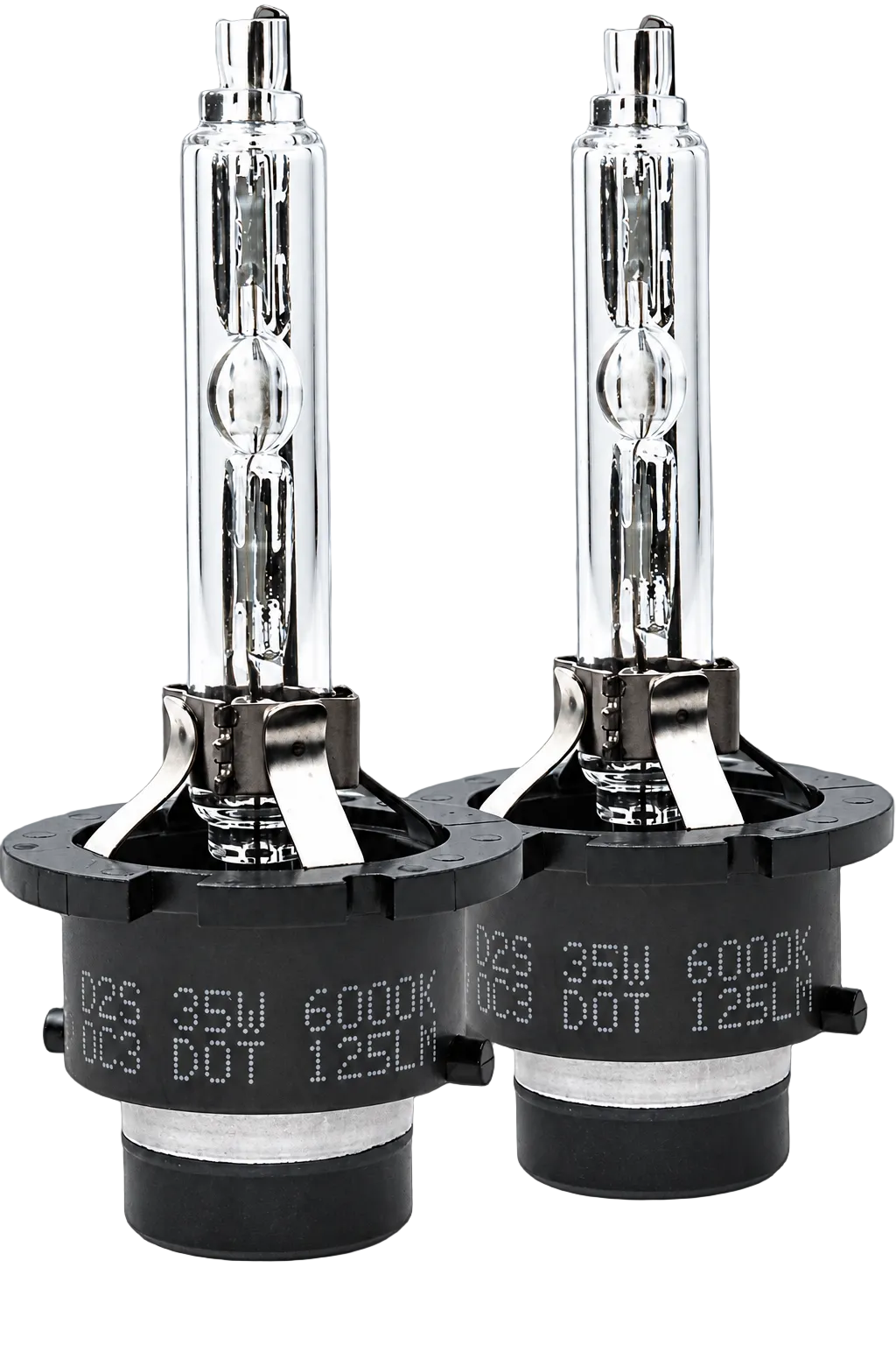 Two automotive headlight bulbs with clear glass envelopes and black base sockets, shown side by side on a dark gradient background. White text on the bases reads 'D2S 35W 6000K' and 'DOT 125LN'.