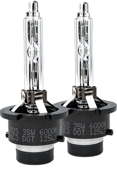 Two automotive headlight bulbs with clear glass envelopes and black base sockets, shown side by side on a dark gradient background. White text on the bases reads 'D2S 35W 6000K' and 'DOT 125LN'.