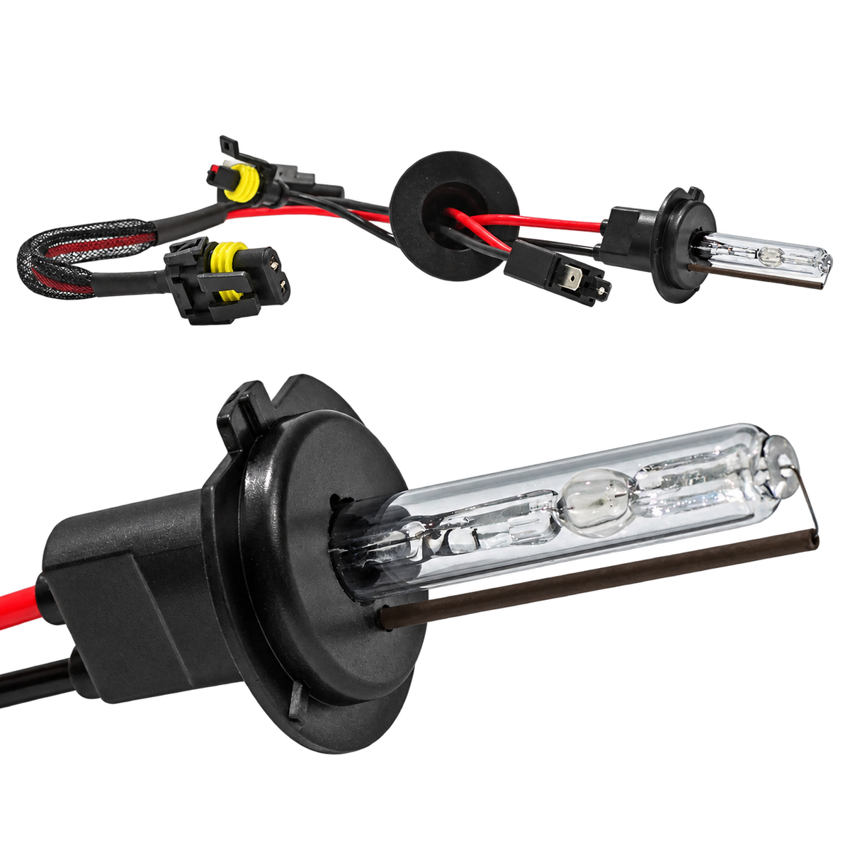 Two automotive headlight replacement bulbs with black sockets, clear glass filaments, and red wiring on a white background.