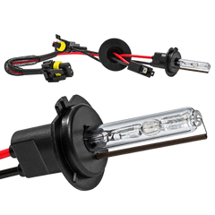 Two automotive headlight replacement bulbs with black sockets, clear glass filaments, and red wiring on a white background.