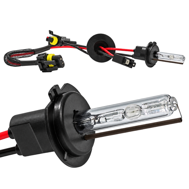 Two automotive headlight replacement bulbs with black sockets, clear glass filaments, and red wiring on a white background.