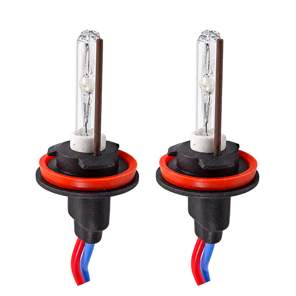Two car headlight replacement bulbs with clear glass envelopes, visible filament structures, red rubber O-rings, black plastic bases, and red-and-blue wire leads, shown on a plain white background.