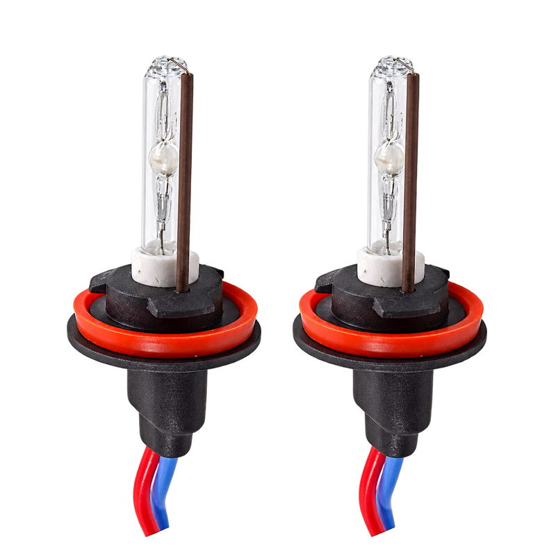 Two car headlight replacement bulbs with clear glass envelopes, visible filament structures, red rubber O-rings, black plastic bases, and red-and-blue wire leads, shown on a plain white background.