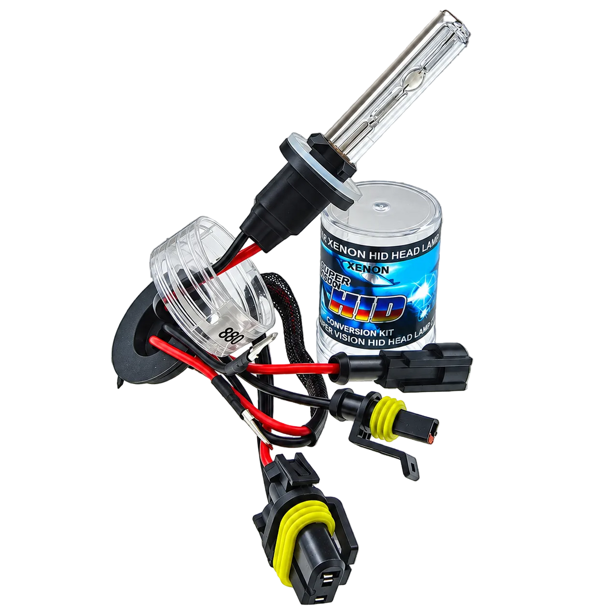 A Xenon HID headlight conversion kit shown on a transparent checkerboard background, including a clear reflector, bulb, wiring harness with red and yellow wires, connectors, and a can of Xenon HID Mid Head Lamp light blue and white branded packaging.
