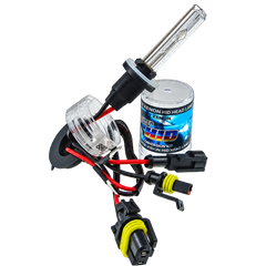 A Xenon HID headlight conversion kit shown on a transparent checkerboard background, including a clear reflector, bulb, wiring harness with red and yellow wires, connectors, and a can of Xenon HID Mid Head Lamp light blue and white branded packaging.