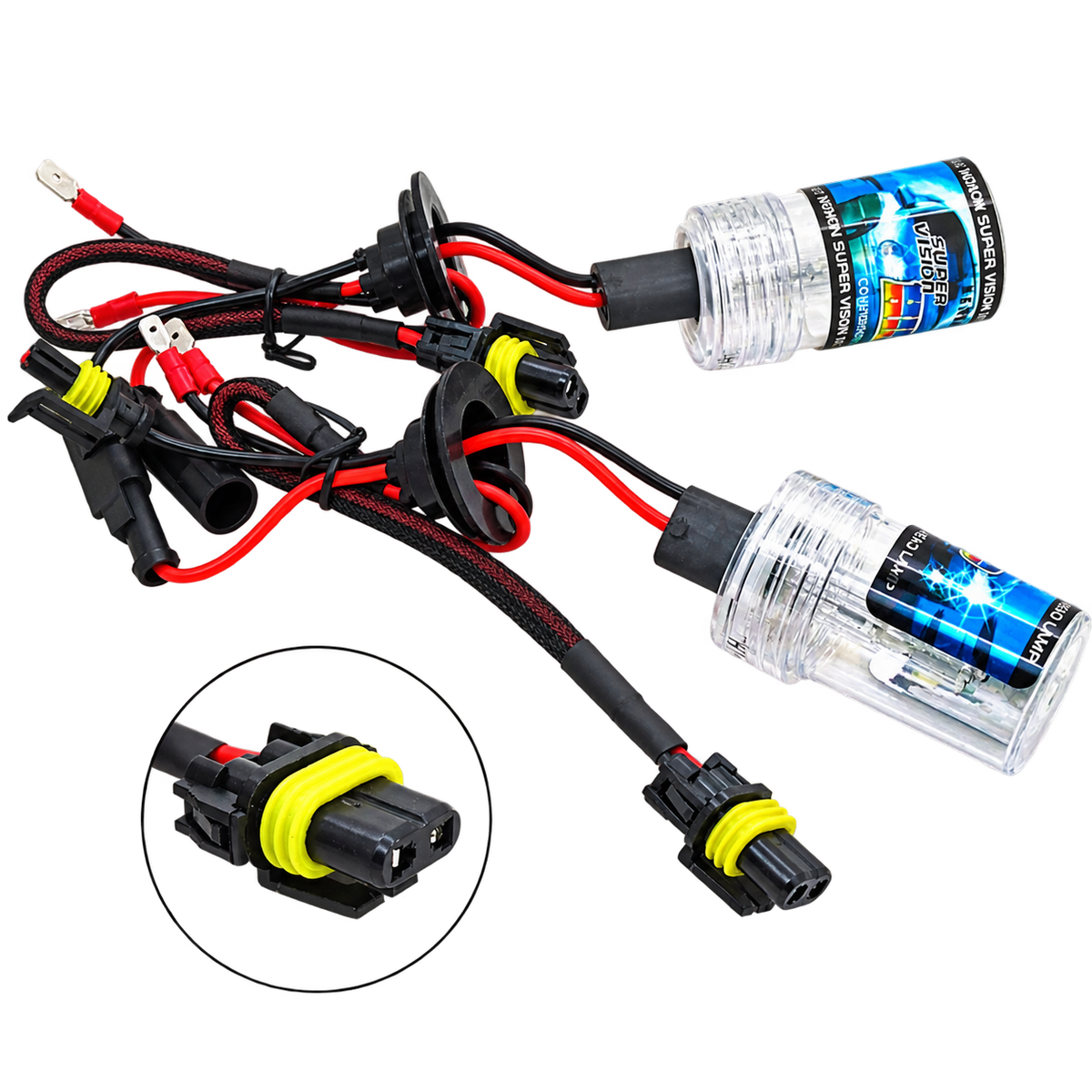 A pair of automotive HID/LED headlight conversion kits with clear glass bulbs, black wiring, red and black wires, and yellow ring connectors, shown on a white background with a circular inset detail of the connector.