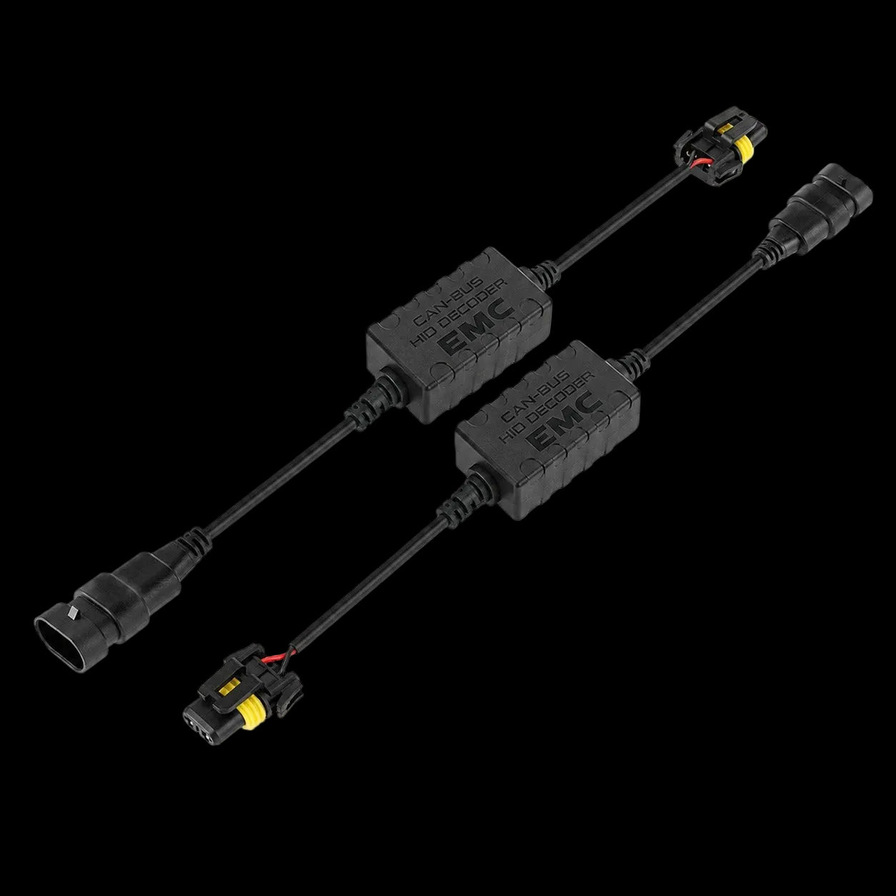 Two black EMC marine communication transceiver units with attached cables and connectors, shown on a plain white background.