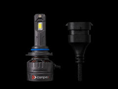 A ConpeX LED car headlight bulb shown next to its black plastic connector housing and cable on a solid black background.