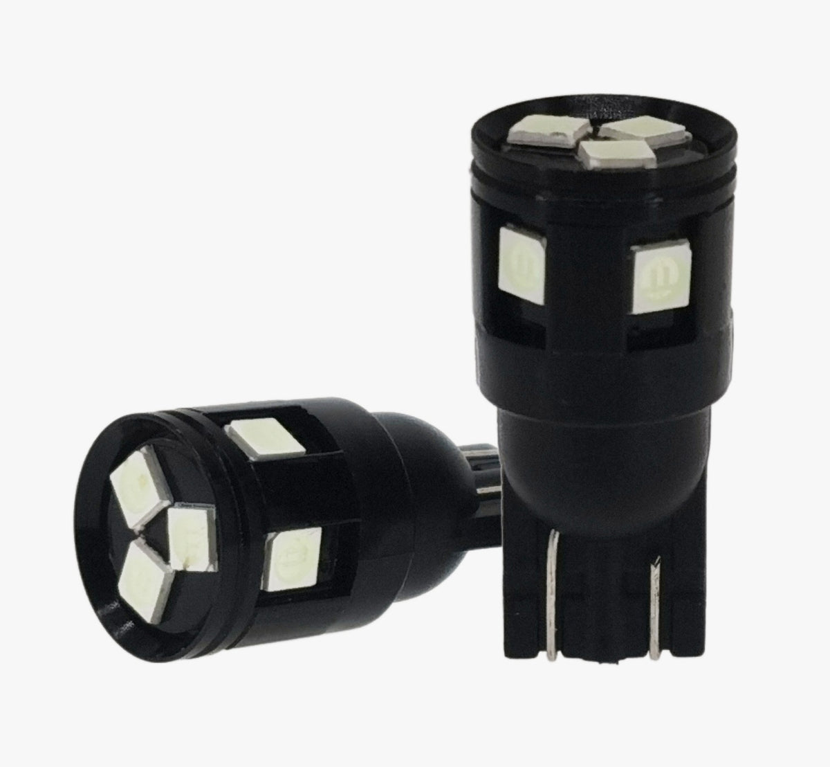 Two black LED window light bulbs with multiple white square LED chips, shown on a plain light gray background.