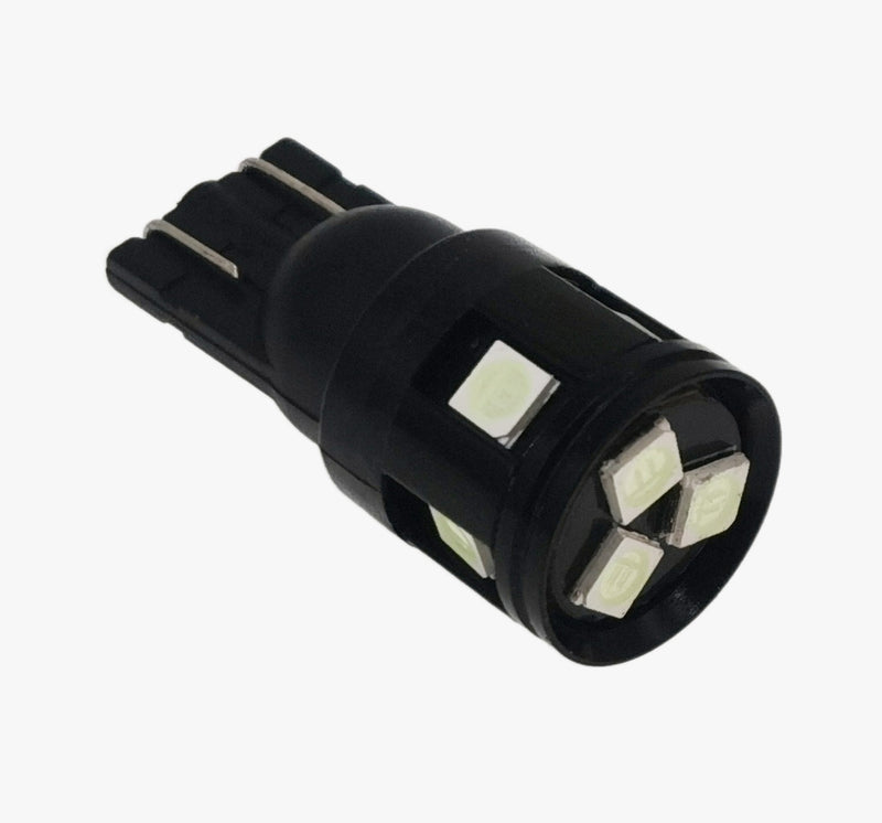 A black LED window light bulb with three visible silver metal prongs and three embedded square white LED chips on the front, shown on a plain light gray background.