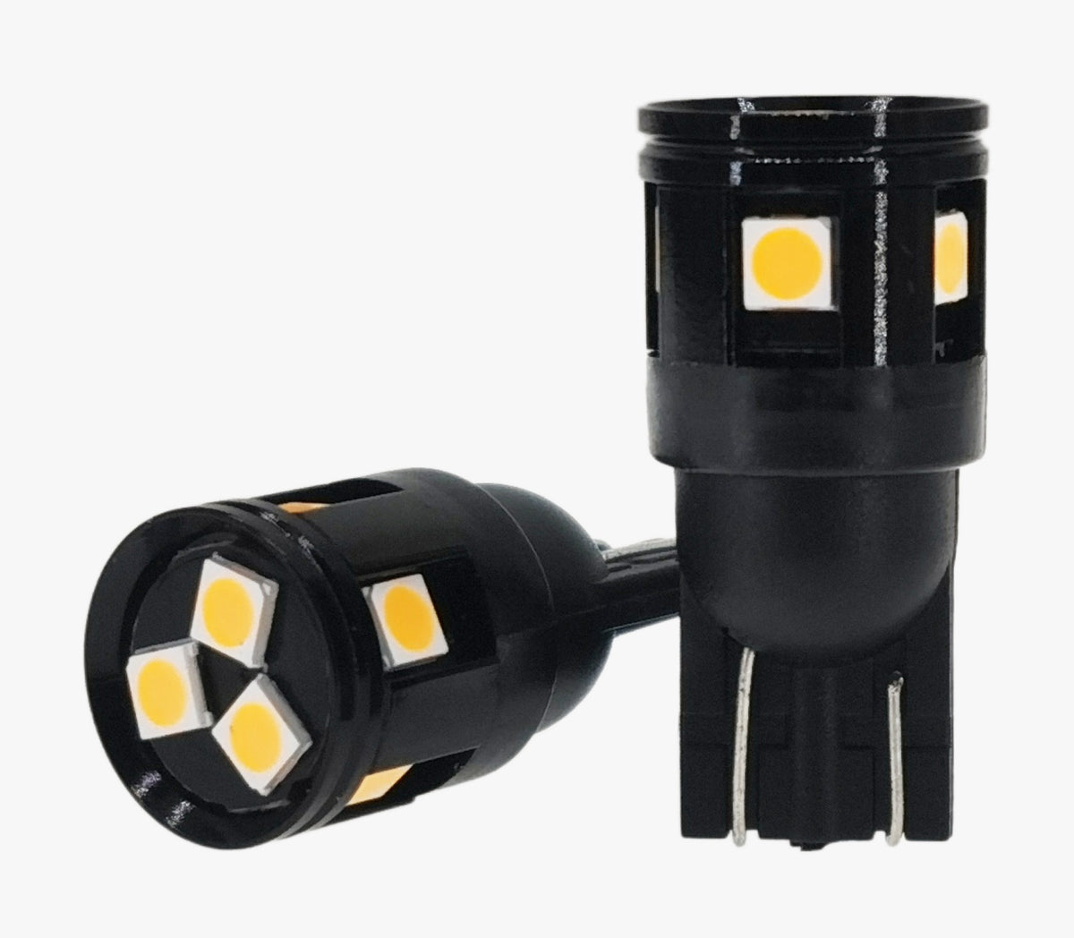 Two black LED car light bulbs with multiple yellow-silver surface-mounted LED chips, shown on a plain light gray background.
