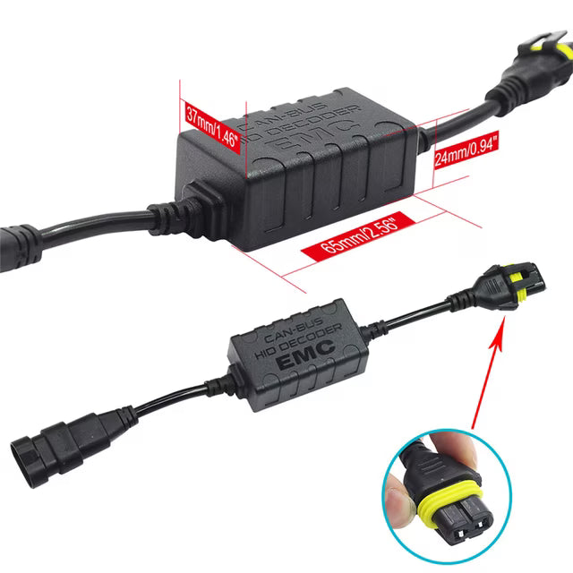 Black automotive EMC surge suppressor with red dimension lines and measurements, plus a close-up inset of the connector.