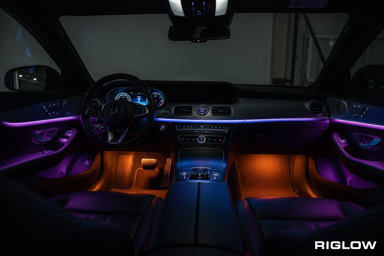 Riglow 18-in-1 RGB Ambient Lighting Kit installed inside luxury car interior