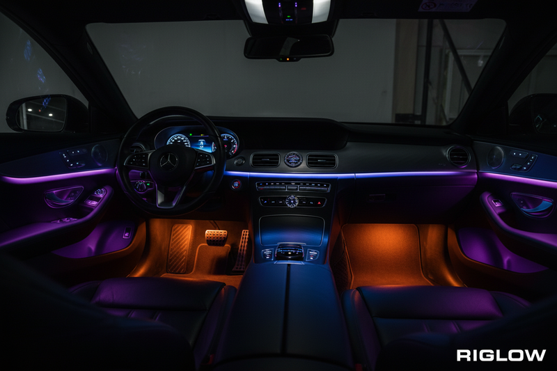 Riglow 18-in-1 RGB Ambient Lighting Kit installed inside luxury car interior