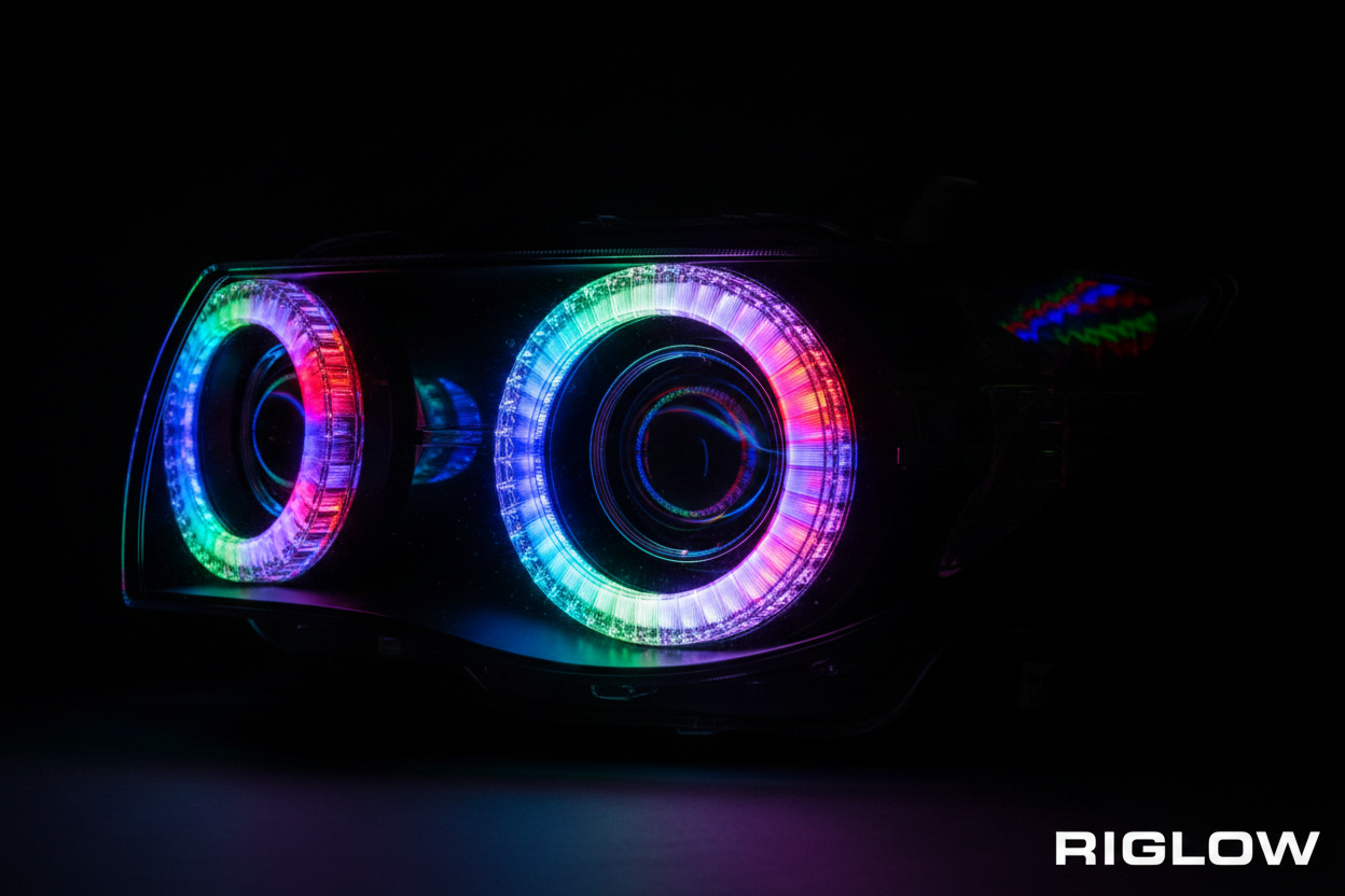 Riglow™ Powered by AES M5 5D RGB Crystal Angel Eyes Shroud | Bluetooth, Switchback & Welcome Function