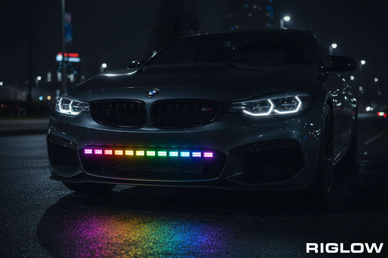 Riglow RGBW Chasing LED Light Bar mounted on front bumper at night