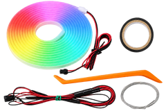 A rainbow LED light strip kit with a coiled multicolor light bar, red and black wiring with connectors, black tape, an orange plastic tool, and a metal wire loop on a white background with a transparent checker pattern.