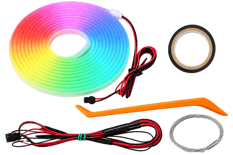 A rainbow LED light strip kit with a coiled multicolor light bar, red and black wiring with connectors, black tape, an orange plastic tool, and a metal wire loop on a white background with a transparent checker pattern.