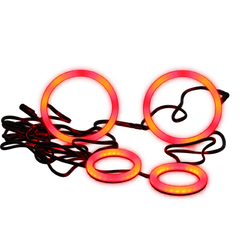 Red and orange LED ring lights on a black wire, shown against a plain white background.