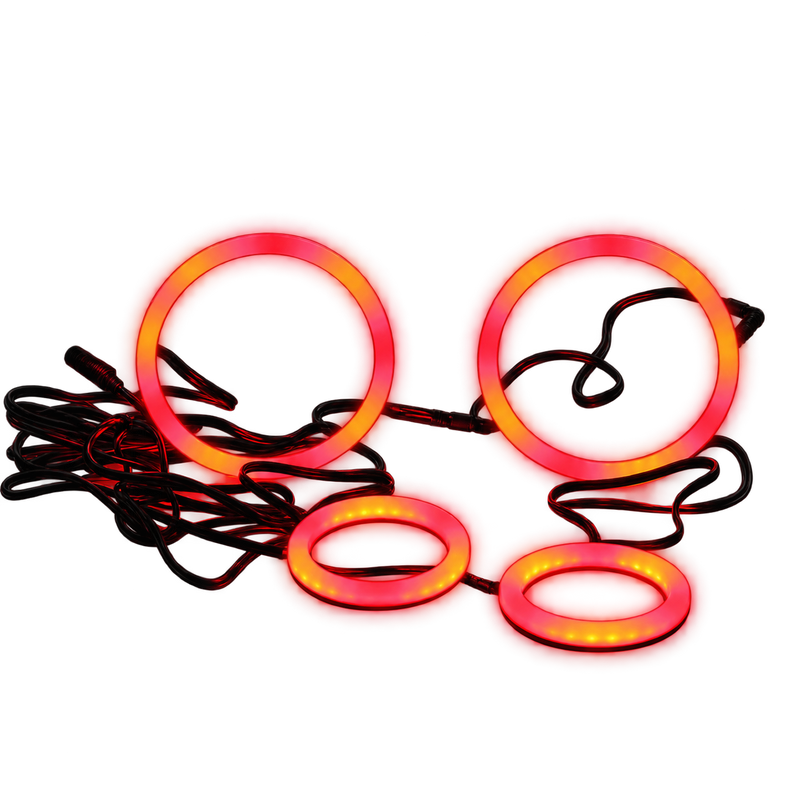 Red and orange LED ring lights on a black wire, shown against a plain white background.
