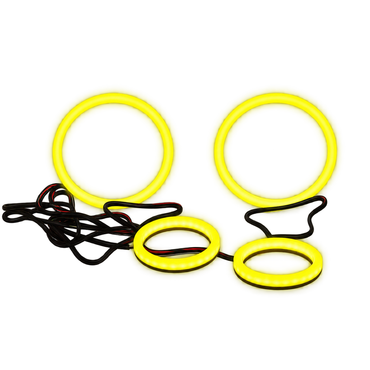 A set of four oval LED ring lights in bright yellow, including two larger unlit rings with wiring and two smaller pre-lit rings, displayed on a clean white background.