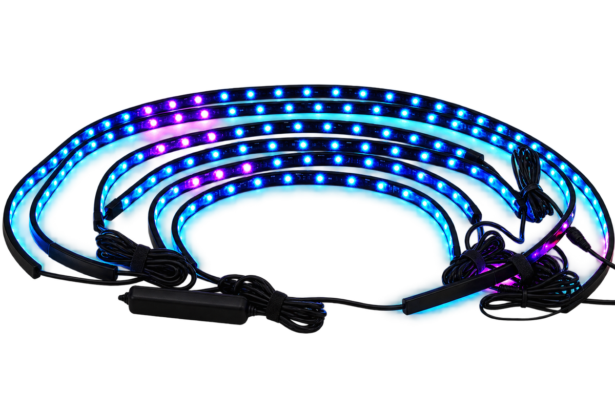 A coiled LED light strip with multiple flexible arms illuminated in blue and purple, shown with attached power cables and a small control module on a plain white background.
