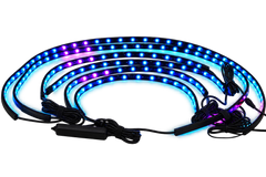 A coiled LED light strip with multiple flexible arms illuminated in blue and purple, shown with attached power cables and a small control module on a plain white background.