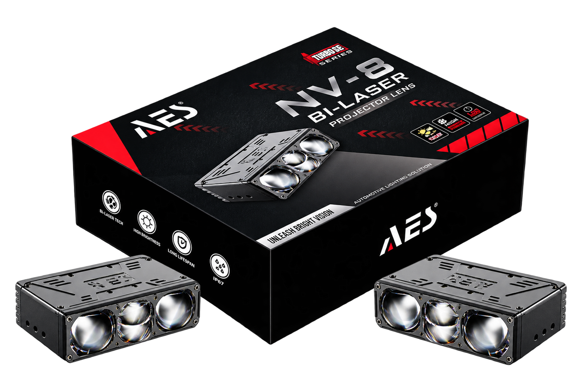 Two AES NV-8 Bi-Laser projector lenses shown in front of their black and red retail packaging box on a clean white background.
