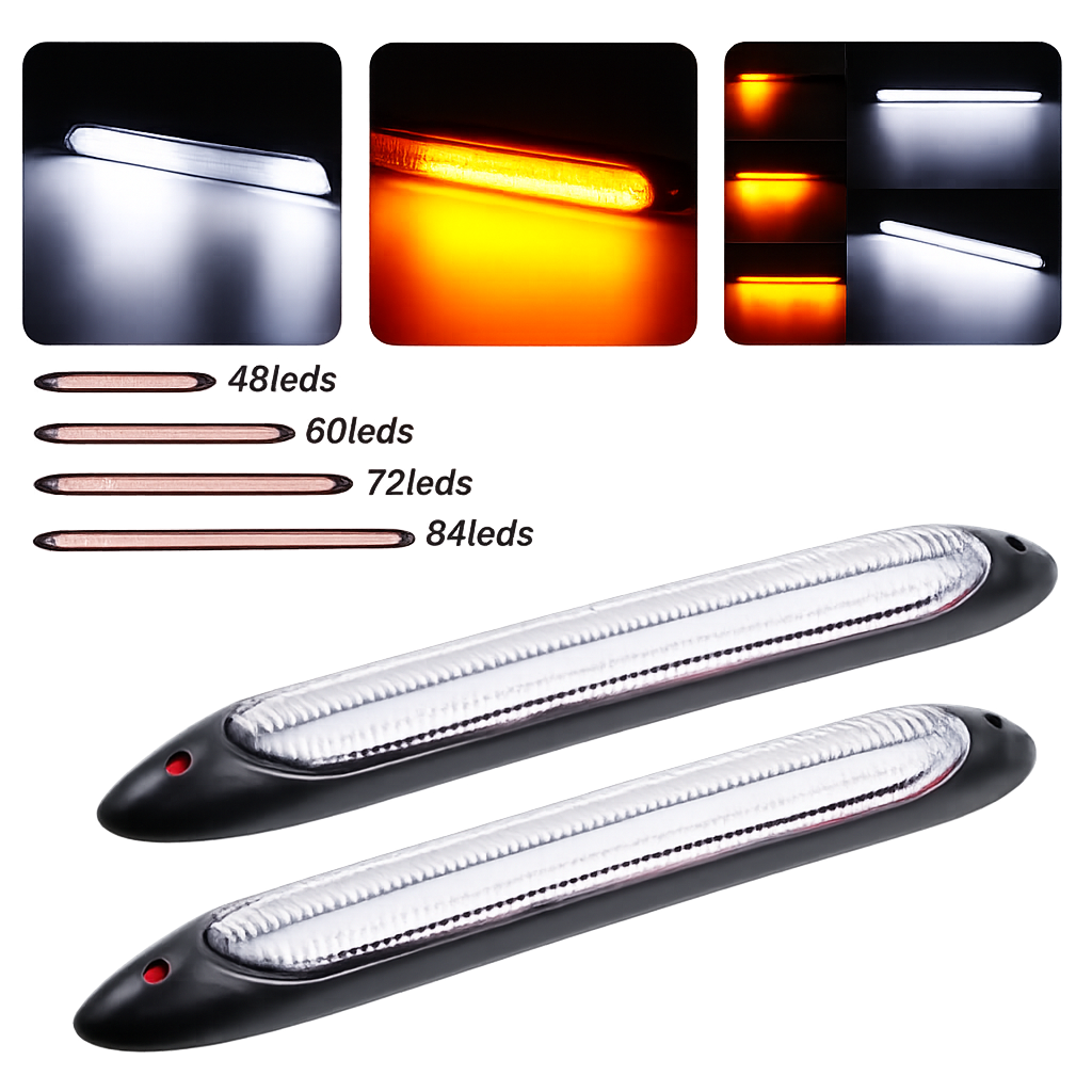 Two long automotive LED marker lights shown on a white background, with inset photos demonstrating white and amber illumination and text labels for 48, 60, 72, and 84 LEDs.