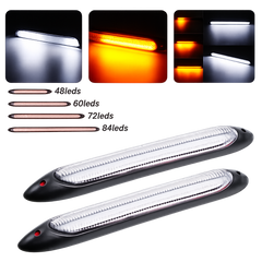 Two long automotive LED marker lights shown on a white background, with inset photos demonstrating white and amber illumination and text labels for 48, 60, 72, and 84 LEDs.