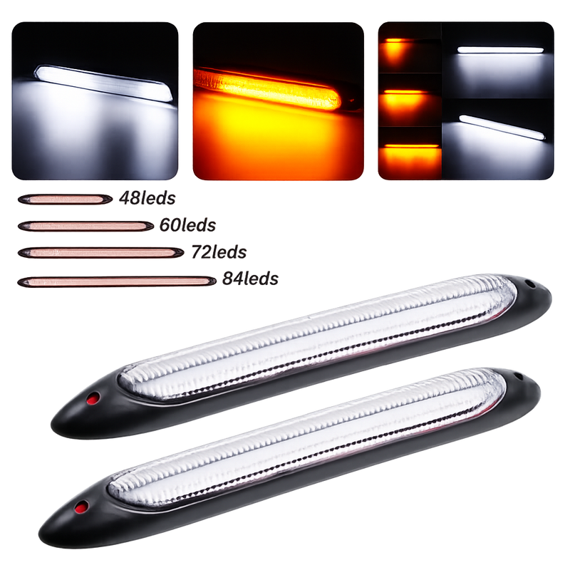 Two long automotive LED marker lights shown on a white background, with inset photos demonstrating white and amber illumination and text labels for 48, 60, 72, and 84 LEDs.