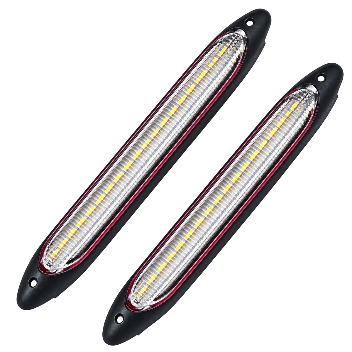 Two long rectangular LED light strips with black housings, clear lenses, and visible yellow LEDs, shown on a plain white background.
