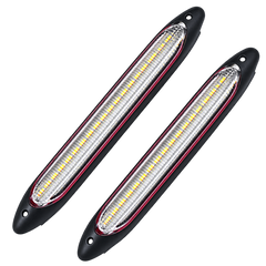 Two long rectangular LED light strips with black housings, clear lenses, and visible yellow LEDs, shown on a plain white background.