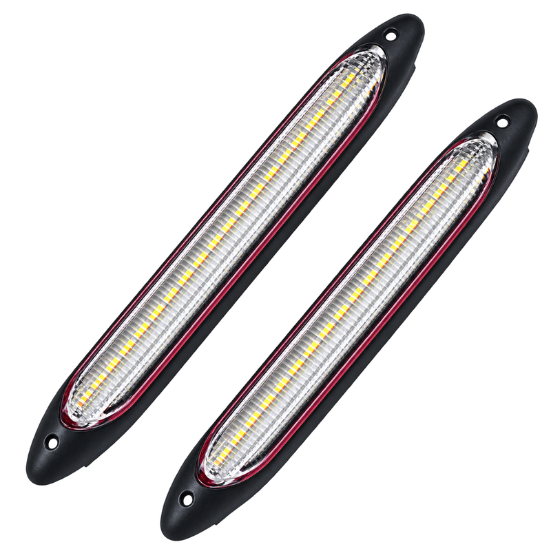 Two long rectangular LED light strips with black housings, clear lenses, and visible yellow LEDs, shown on a plain white background.