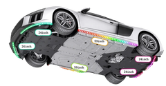 A top-down diagram of a silver car with its undercarriage illuminated by multicolor LED strip lights. The graphic labels the dimensions of the light bars, showing 24-inch curved light strips on the outer wheel arches and 59-inch straight light strips along the inner side panels and center deck.
