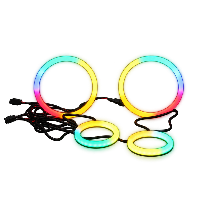 Four illuminated LED ring lights in various oval and circular shapes, glowing with a rainbow color-changing effect on a solid white background.