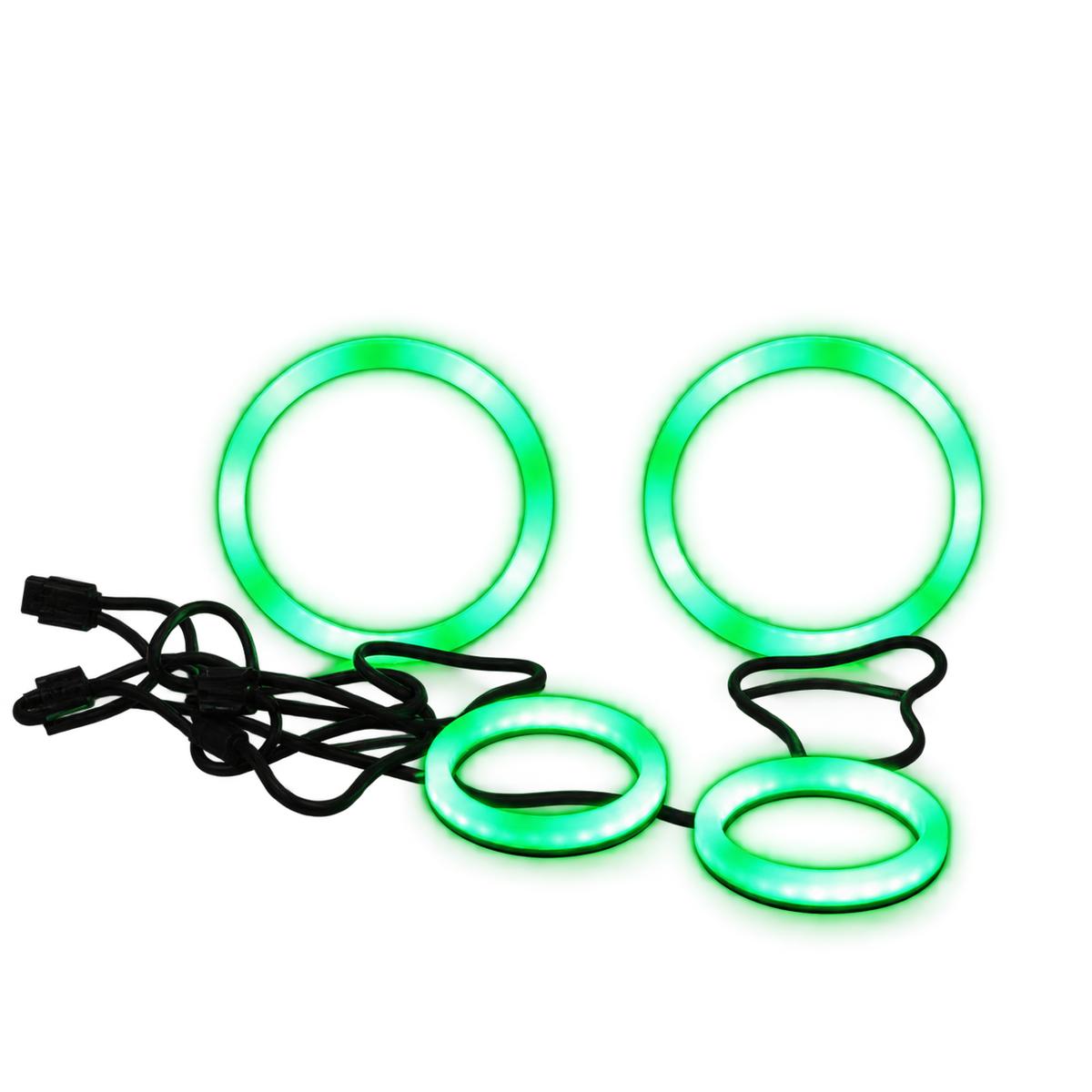 Four green LED ring lights with black power cables, arranged on a plain white background.