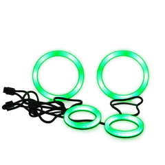 Four green LED ring lights with black power cables, arranged on a plain white background.