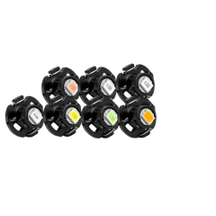 Six black LED car light bulbs arranged on a white background, with red text noting interior vehicle lighting use only and a grid of color examples showing blue, white, yellow, pink, green, and red light beams.