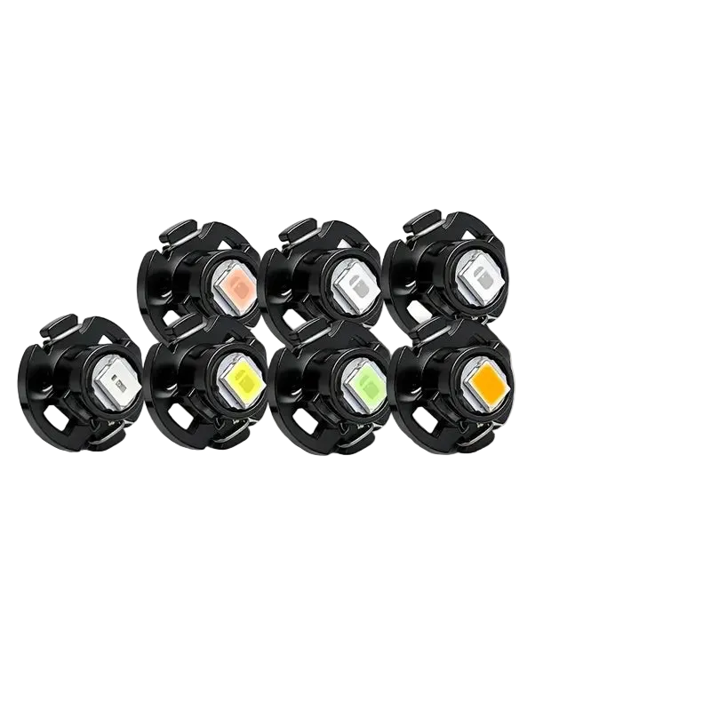 Six black LED car light bulbs arranged on a white background, with red text noting interior vehicle lighting use only and a grid of color examples showing blue, white, yellow, pink, green, and red light beams.