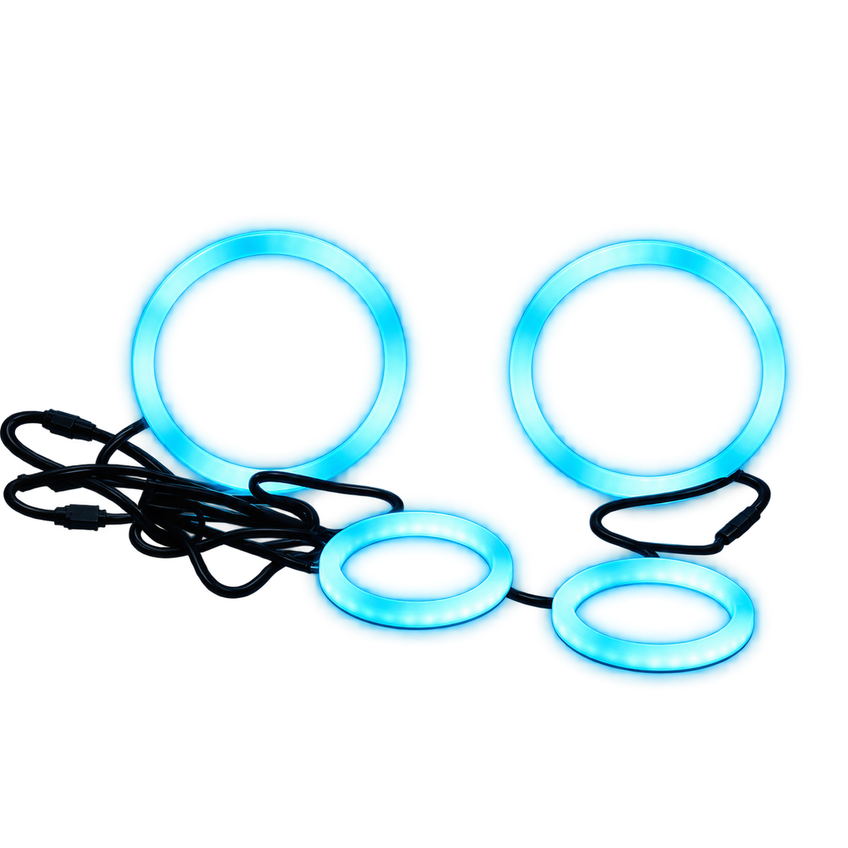 Four glowing blue LED ring lights with attached black power cords, arranged on a plain white background.