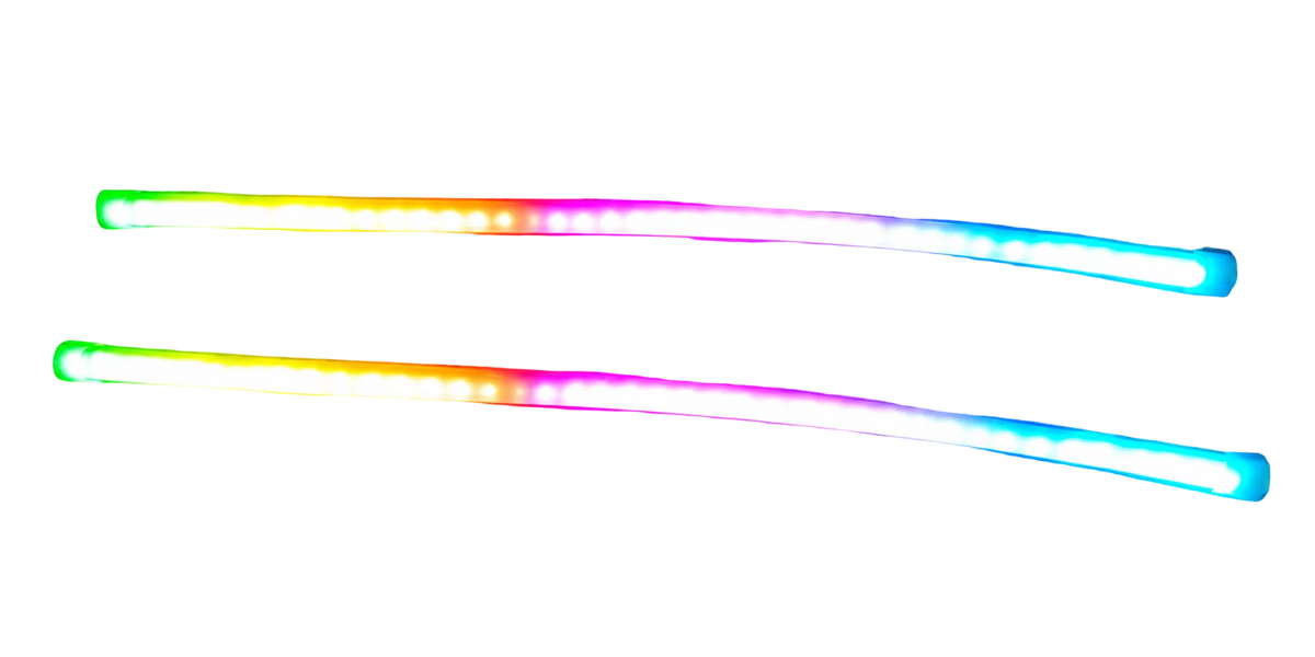 Two curved LED light bars with a rainbow gradient, shown on a gray checkered transparency-style background.