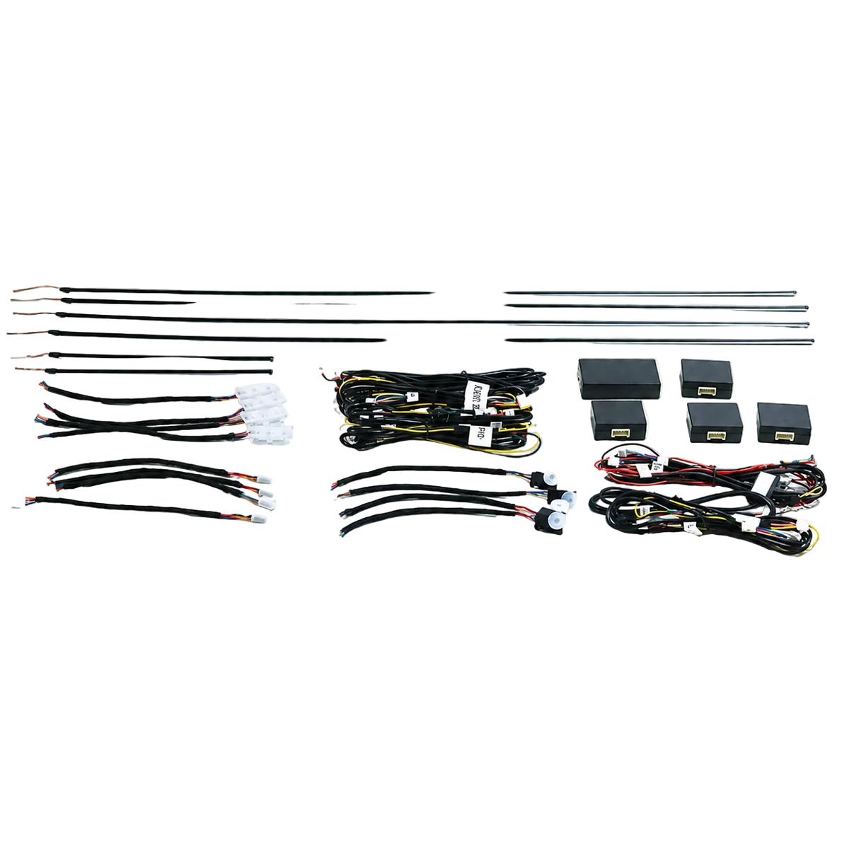 A wiring harness kit laid out on a transparent/white checkered background, including long metal rods, black wire bundles, connectors, small black electronic modules, and a harness with red, yellow, and black wires.