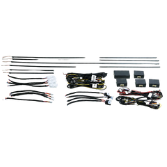 A wiring harness kit laid out on a transparent/white checkered background, including long metal rods, black wire bundles, connectors, small black electronic modules, and a harness with red, yellow, and black wires.