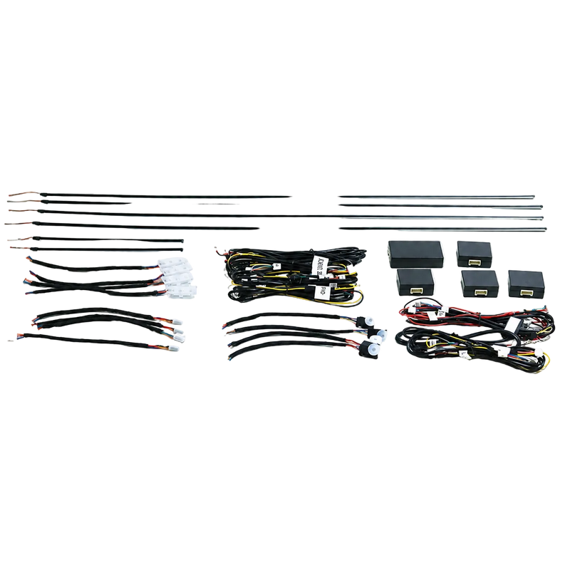 A wiring harness kit laid out on a transparent/white checkered background, including long metal rods, black wire bundles, connectors, small black electronic modules, and a harness with red, yellow, and black wires.