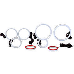 A set of white circular LED ring lights in various sizes, shown with black wiring and two red-rimmed rings on a plain white background.