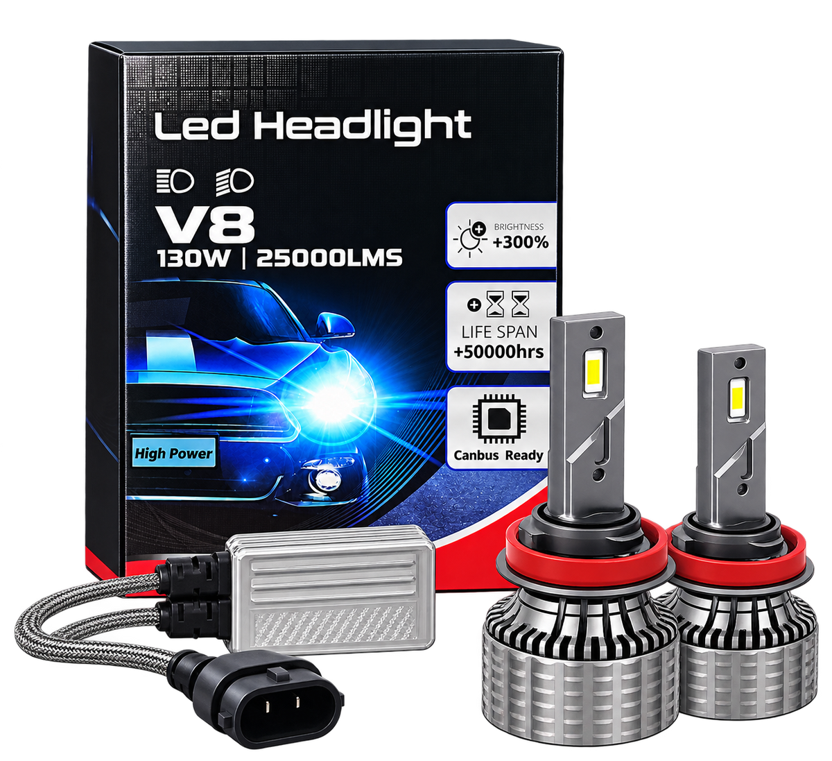 Two LED headlight bulbs with red rings and a silver heat sink, shown alongside a silver inline controller and the product packaging box. The box is black with blue graphics and white text reading 'Led Headlight V8 130W | 25000LMS'.