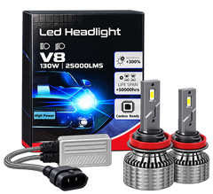 Two LED headlight bulbs with red rings and a silver heat sink, shown alongside a silver inline controller and the product packaging box. The box is black with blue graphics and white text reading 'Led Headlight V8 130W | 25000LMS'.