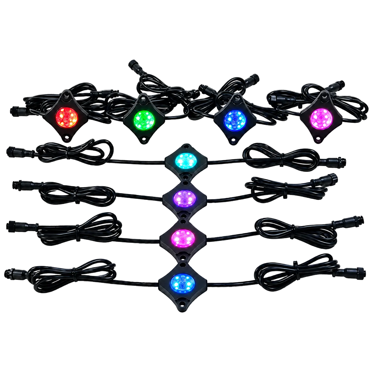 Six black LED light strips with coiled black cables, each featuring a diamond-shaped housing and a different illuminated color: red, green, blue, pink, cyan, and magenta, arranged on a gray checkered background.