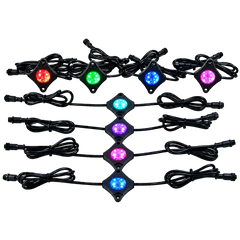 Six black LED light strips with coiled black cables, each featuring a diamond-shaped housing and a different illuminated color: red, green, blue, pink, cyan, and magenta, arranged on a gray checkered background.